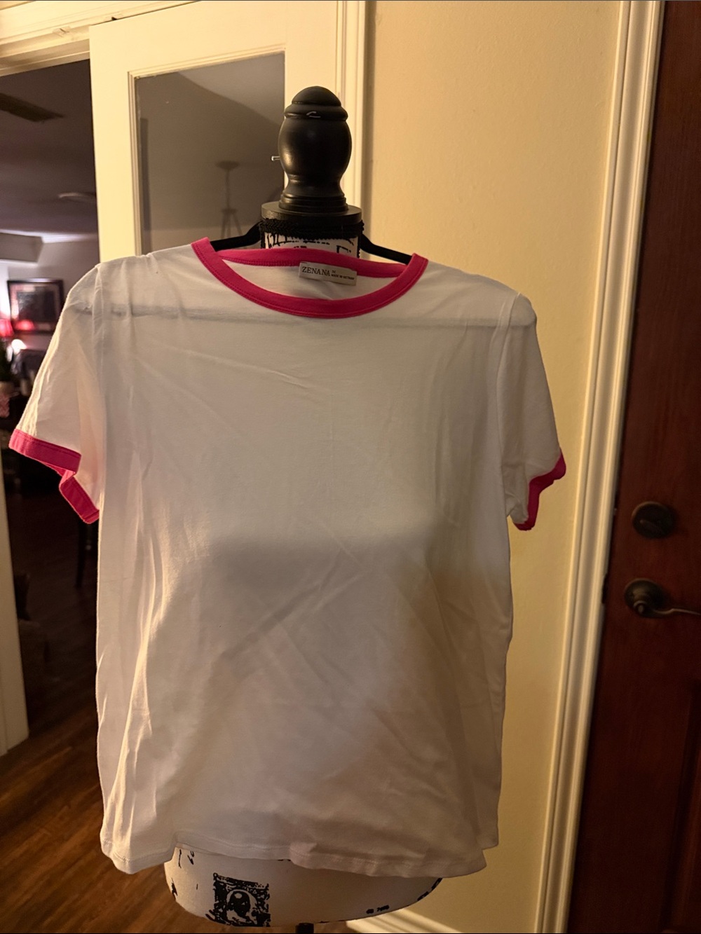 Zenana Outfitters White Ringer Tee with Pink Trim